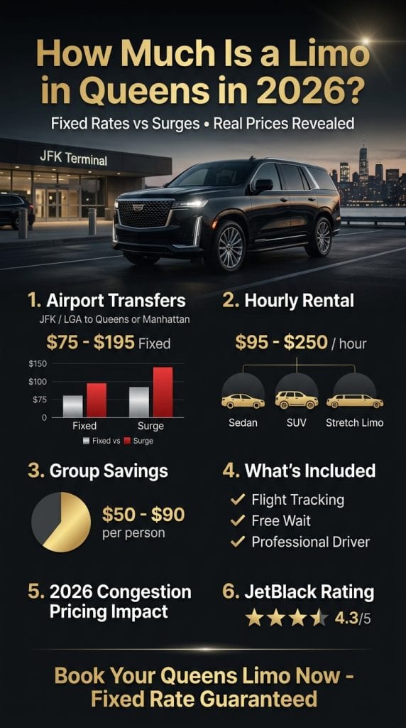  2026 infographic detailing Queens limo pricing for JFK, LGA, EWR transfers and local rides