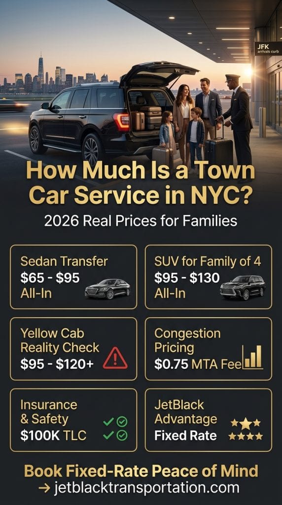 how much is a town car service in NYC cost comparison infographic black car yellow cab rideshare subway 2026
