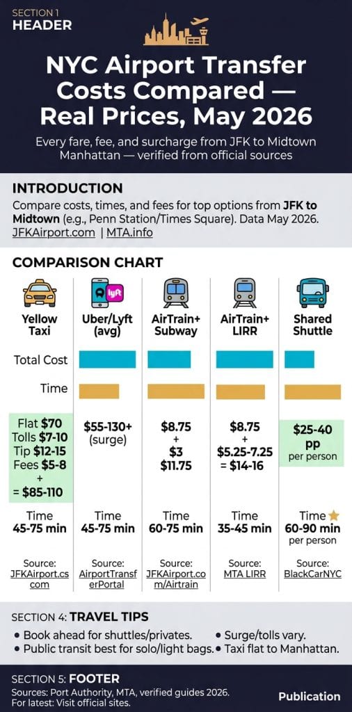 how much is an NYC private car service infographic — NYC for-hire vehicle landscape comparing black cars, taxis, rideshares across licensing, pricing, and surge risk