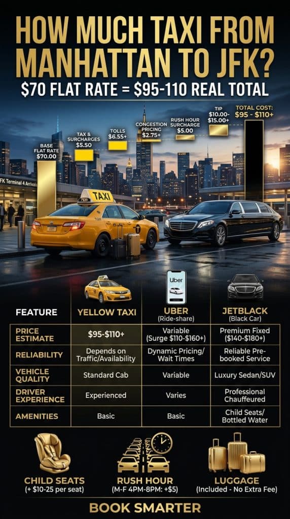 how much taxi from Manhattan to JFK compared to rideshare black car AirTrain 2026