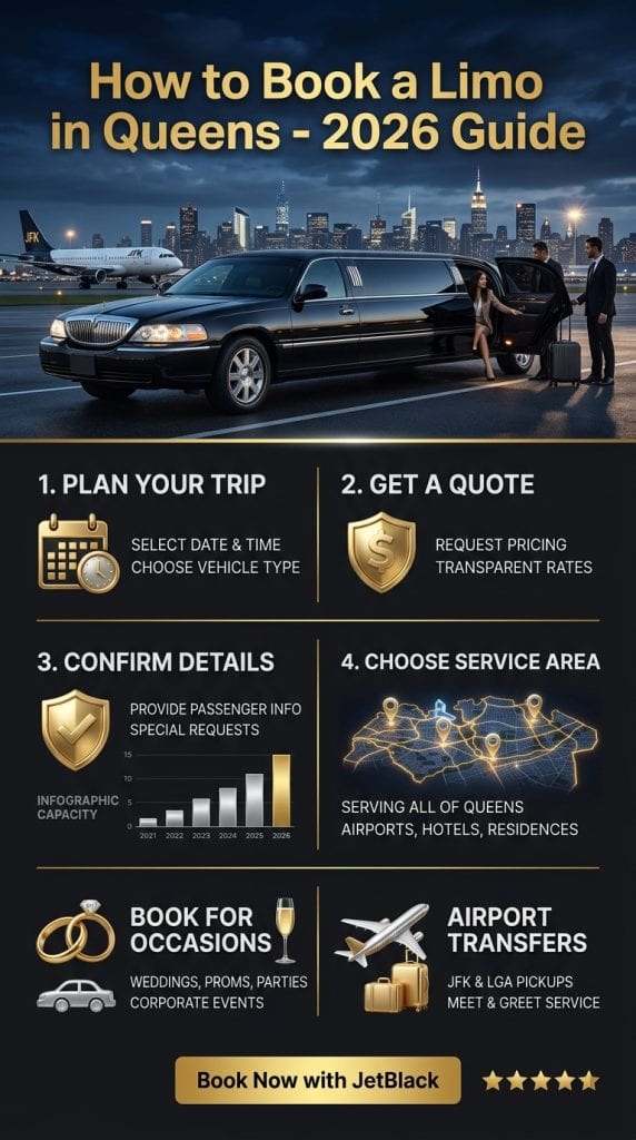  Infographic how to book a limo in Queens 2026 with congestion pricing and pricing comparisons