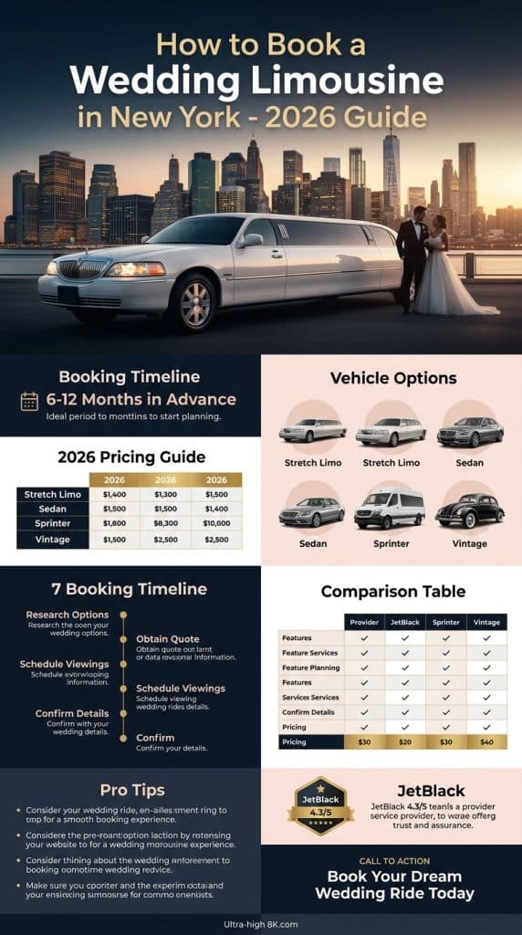 how to book a wedding limousine in new york : Infographic detailing how to book a wedding limousine in New York with timelines and cost breakdowns