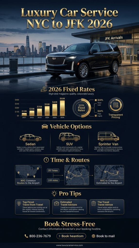 Luxury car service NYC to JFK pricing routes and benefits infographic 2026