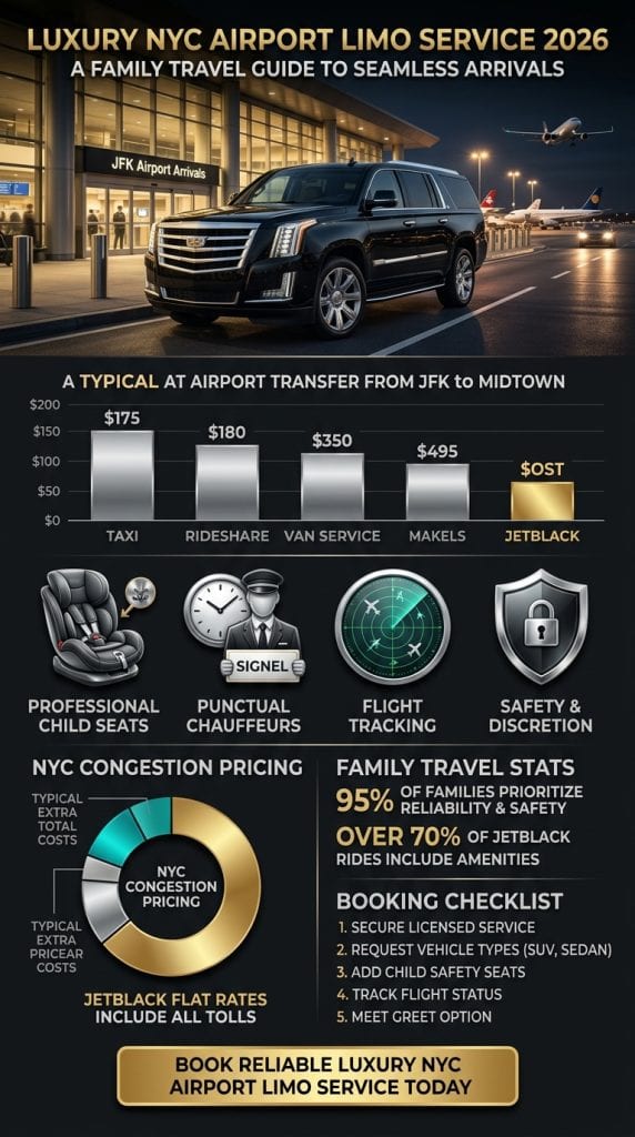 NYC for-hire vehicle comparison infographic luxury NYC airport limo service vs taxi rideshare subway 2026