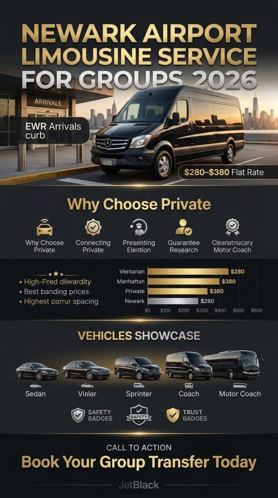 Newark Airport Limousine Service for Groups: 7 Honest Facts for 2026 2 newark airport limousine service for groups comparison infographic EWR black car Sprinter minibus rideshare