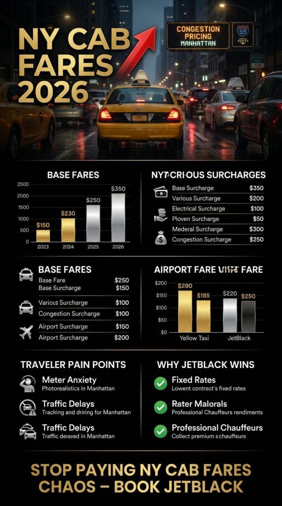 y cab fares vs black car comparison infographic 2026 with congestion zones