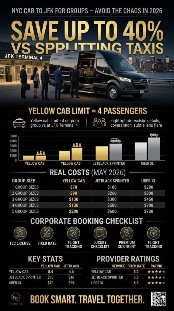 nyc cab to jfk for groups vehicle comparison infographic 2026 sprinter van SUV yellow cab shuttle