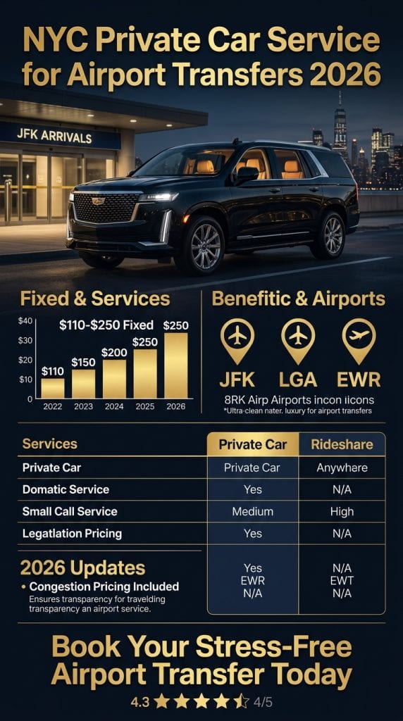nyc private car service for airport transfers Visual breakdown of NYC private car service for airport transfers pricing and surcharges 2026