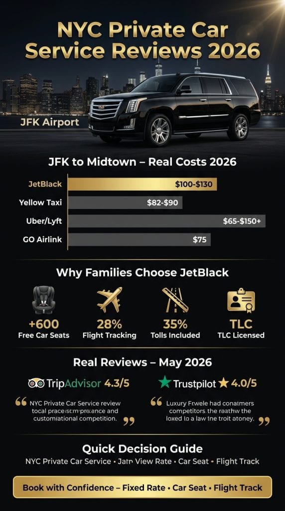 NYC for-hire vehicle landscape infographic comparing black cars yellow taxis rideshare and shared shuttles 2026