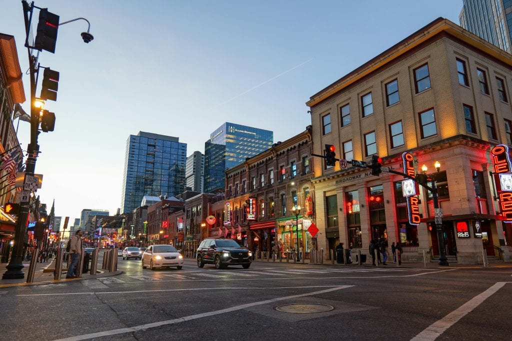 Lively evening on Broadway Street, Nashville showcasing vibrant nightlife and music scene.