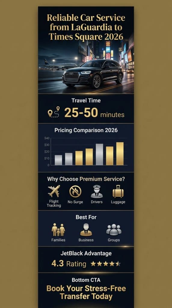 reliable car service from laguardia to times square Infographic showing options for reliable car service from LaGuardia to Times Square including pricing and duration