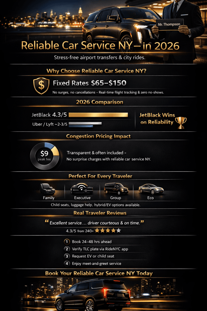 Reliable car service NY versus rideshare options infographic 2026
