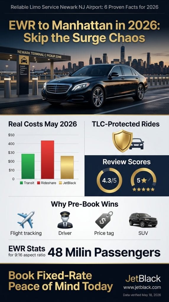 Newark Airport Ground Transport Comparison 2026 reliable limo service newark nj airport comparison infographic 2026 โ black cars, rideshare, taxis, transit across pricing, TLC licensing, and surge risk
