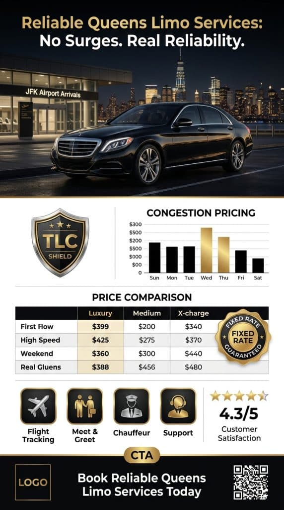 NYC For-Hire Vehicle Landscape โ Queens Ground Transport Comparison 2026 NYC for-hire vehicle landscape infographic comparing reliable queens limo services black cars yellow taxis rideshares across licensing tier insurance minimum surge pricing TLC oversight