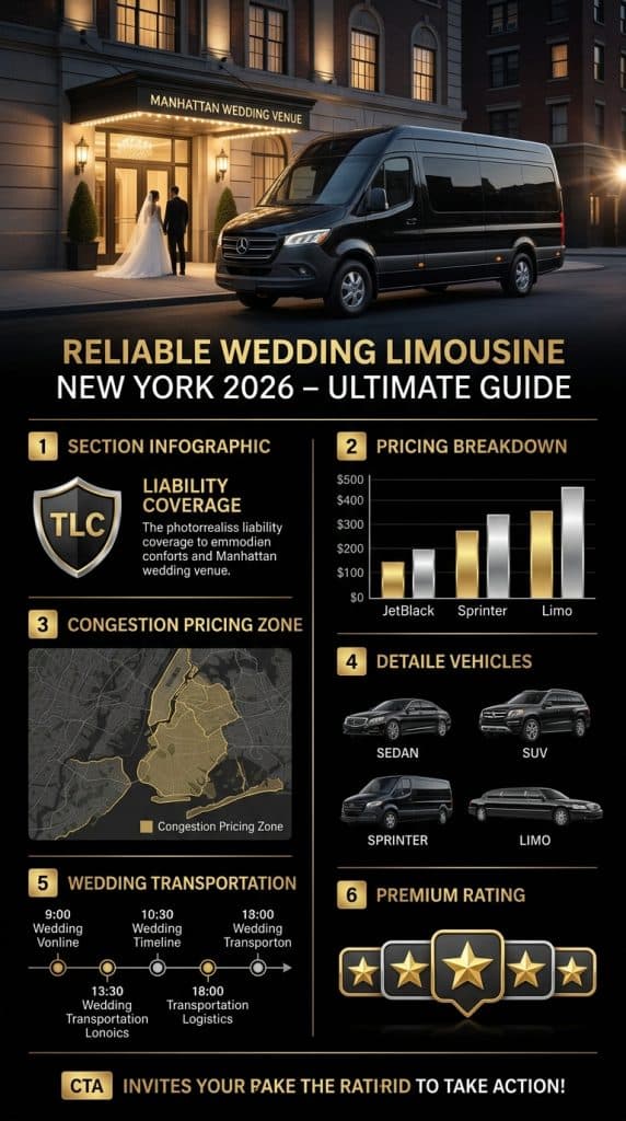 NYC For-Hire Vehicle Landscape โ Wedding Transportation 2026 NYC for-hire vehicle landscape comparison infographic โ wedding limousines, black cars, rideshares, taxis