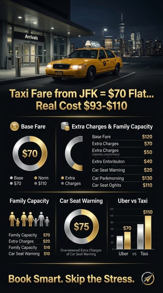taxi fare from JFK full cost breakdown infographic showing flat rate surcharges tolls and tip 2026