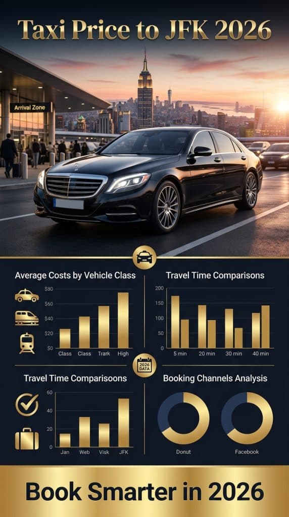 taxi price to JFK comparison infographic yellow cab black car rideshare subway 2026