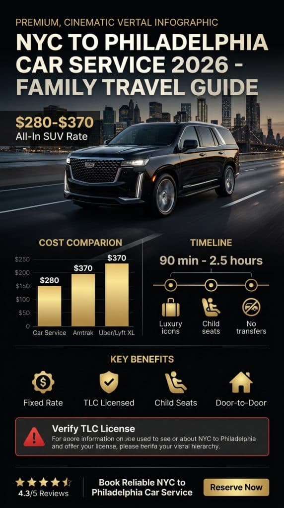 NYC-to-Philadelphia Travel Comparison 2026 NYC to Philadelphia car service comparison 2026 infographic family travel options