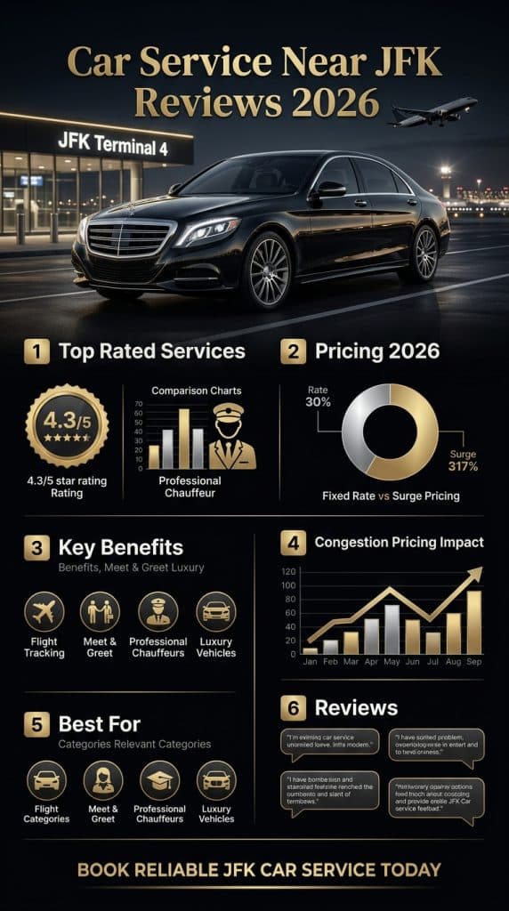 Infographic detailing pricing, surcharges, and benefits for car service near JFK reviews 2026