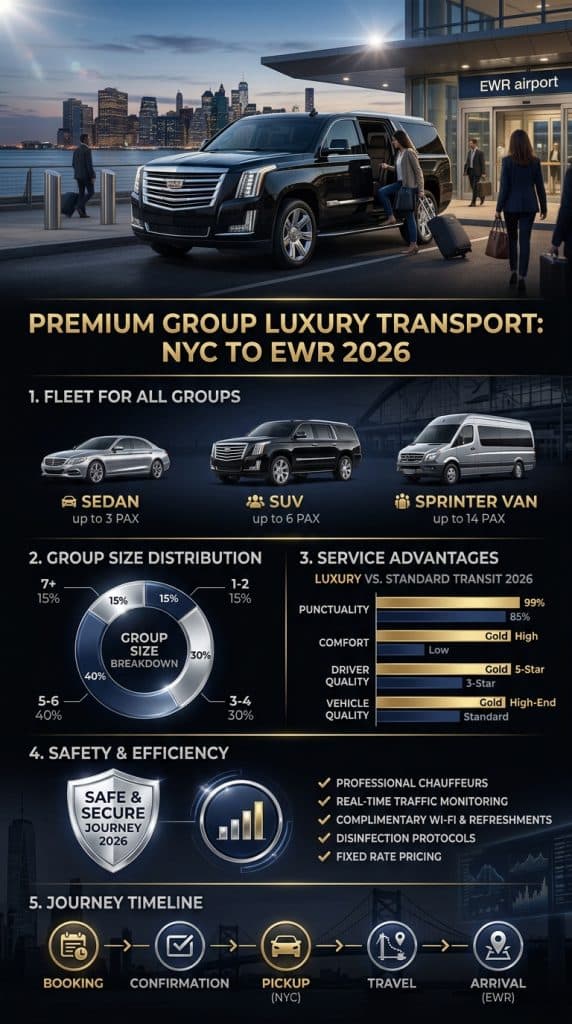 NYC For-Hire Vehicle Landscape — Newark Group Transfer Comparison 2026 NYC for-hire vehicle landscape infographic comparing car service NYC to Newark for groups options including SUVs Sprinters rideshares and taxis