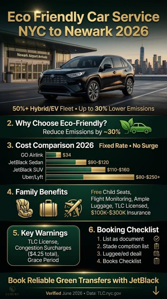 NYC For-Hire Vehicle Landscape — Eco-Friendly Options for EWR Transfers eco friendly car service nyc to newark comparison infographic black car hybrid rideshare shuttle