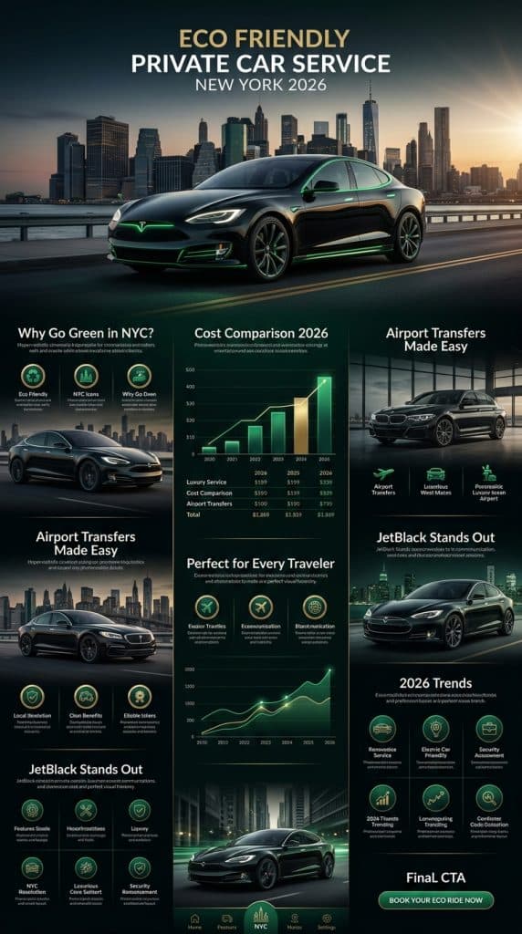 eco friendly private car service new york Comprehensive infographic on eco friendly private car service New York benefits including costs, emissions, and ratings