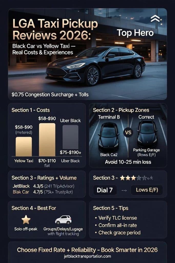 LGA Taxi Pickup Reviews 2026: 7 Proven Facts for Business Travelers 2 LGA taxi pickup reviews 2026 comparison infographic black car vs yellow taxi vs rideshare at LaGuardia