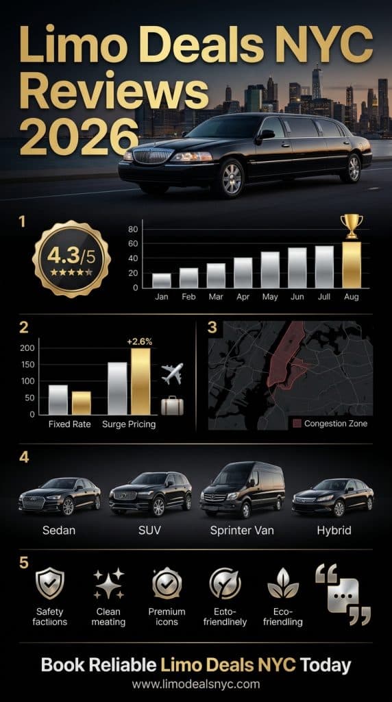 Infographic showing limo deals NYC reviews 2026 vs rideshares
