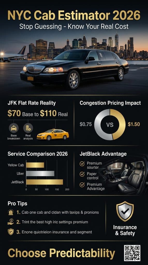 nyc cab estimator infographic comparing yellow cab black car rideshare costs 2026