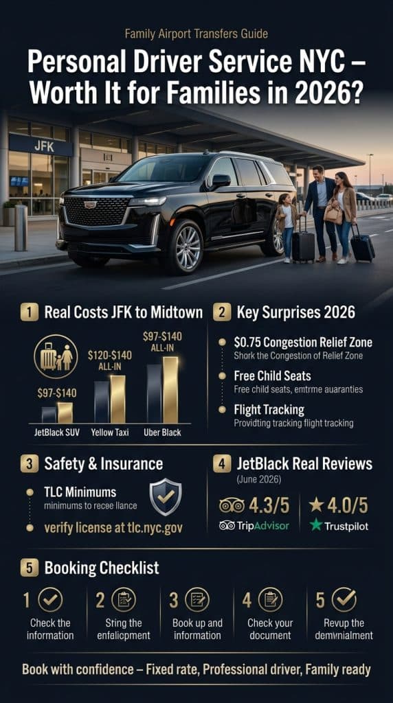 NYC for-hire vehicle landscape infographic comparing personal driver service nyc, yellow taxi, rideshare, and subway
