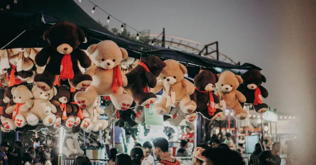 Buses from Newark Airport to Times Square: Information You Need to Know 19 A bustling carnival scene at night featuring teddy bear prizes and a lively crowd.