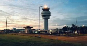 View of the control tower in Davao City, Philippines, during sunset with a serene sky.