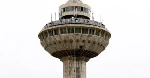 Close-up of the Zvartnots Airport control tower in Yerevan, Armenia.