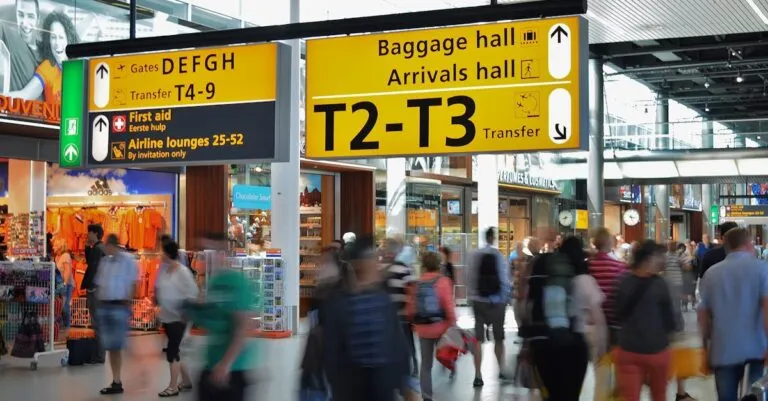 Crowded airport with motion blur and clear signage indicating baggage and arrival halls.
