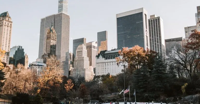 People enjoy ice skating at Central Park's Wollman Rink with NYC skyline in winter.