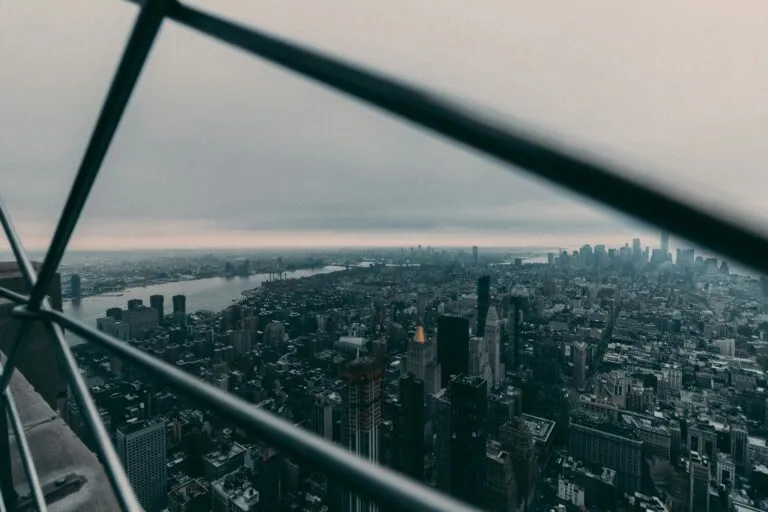 A breathtaking view of New York City's skyline at twilight with iconic skyscrapers and urban landscape.
