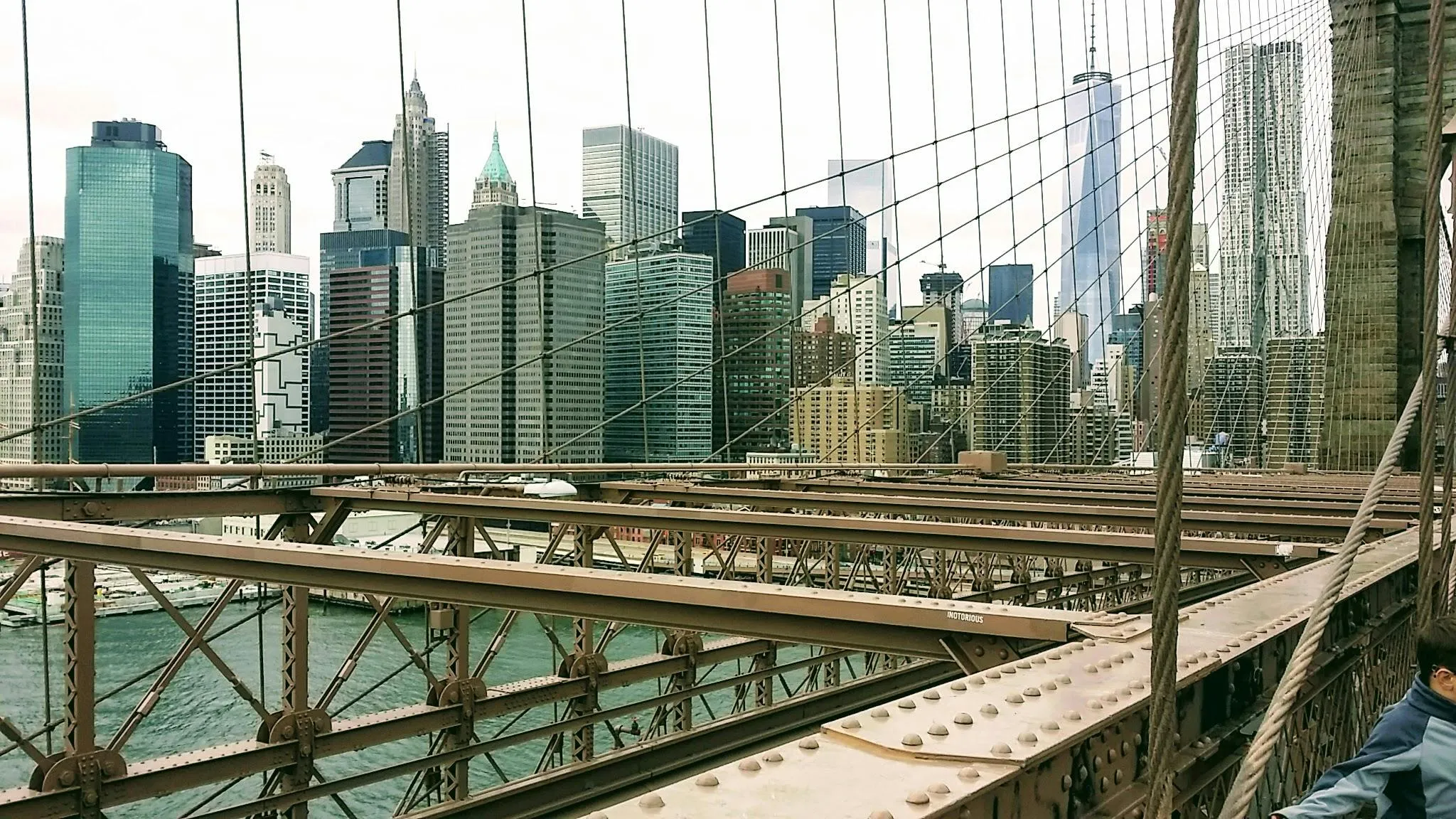 Iconic view of Manhattan skyline from Brooklyn Bridge on a clear day.