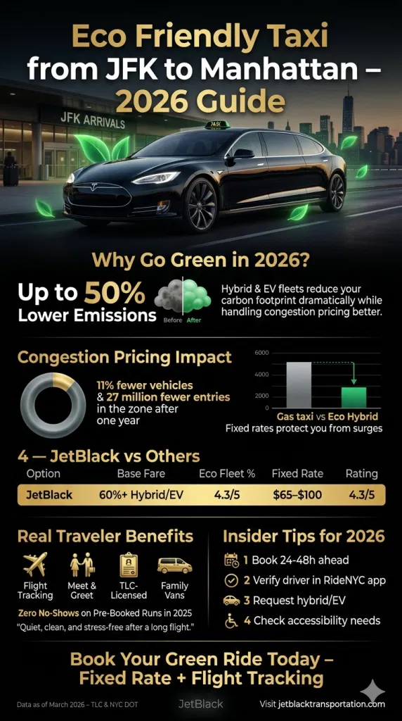 Side-by-side comparison of costs and emissions for eco friendly taxi from JFK to Manhattan