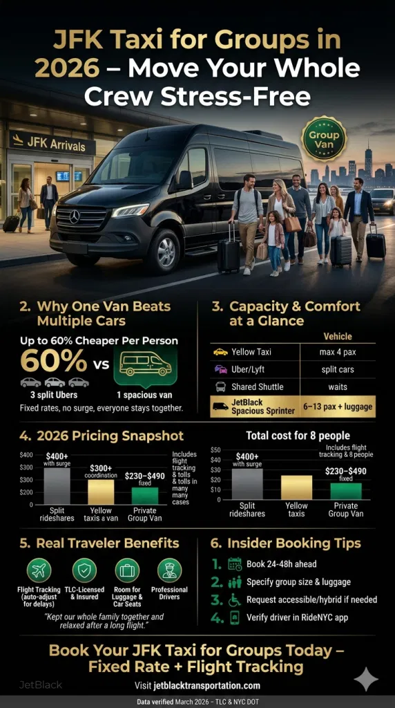 Side-by-side chart showing per-person pricing and capacity for JFK taxi for groups options