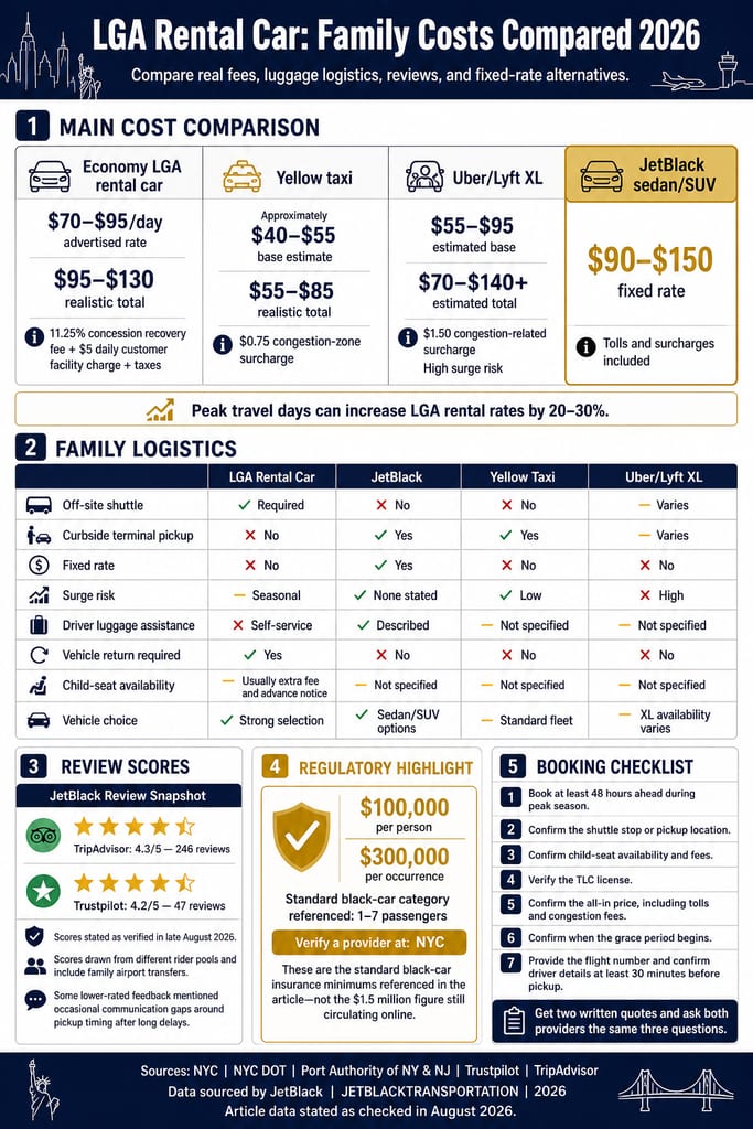 LGA Rental Car: 7 Honest, Essential Family Facts for Fall 2026 3 Infographic comparing LGA rental car, taxi, rideshare, and JetBlack family transportation costs in 2026.