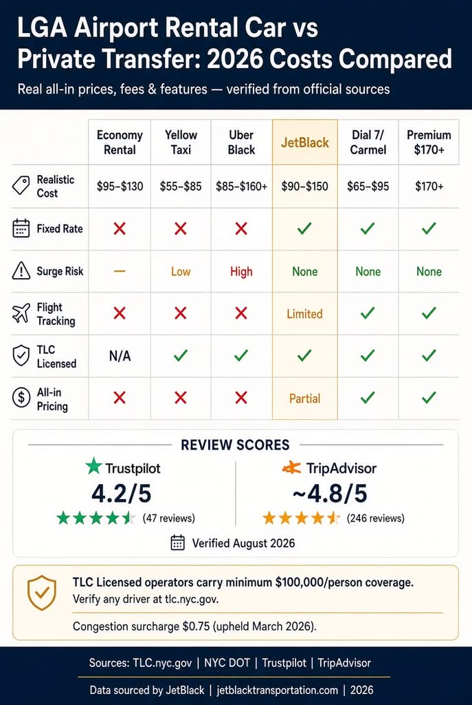 LGA airport rental car vs private transfer cost comparison infographic 2026