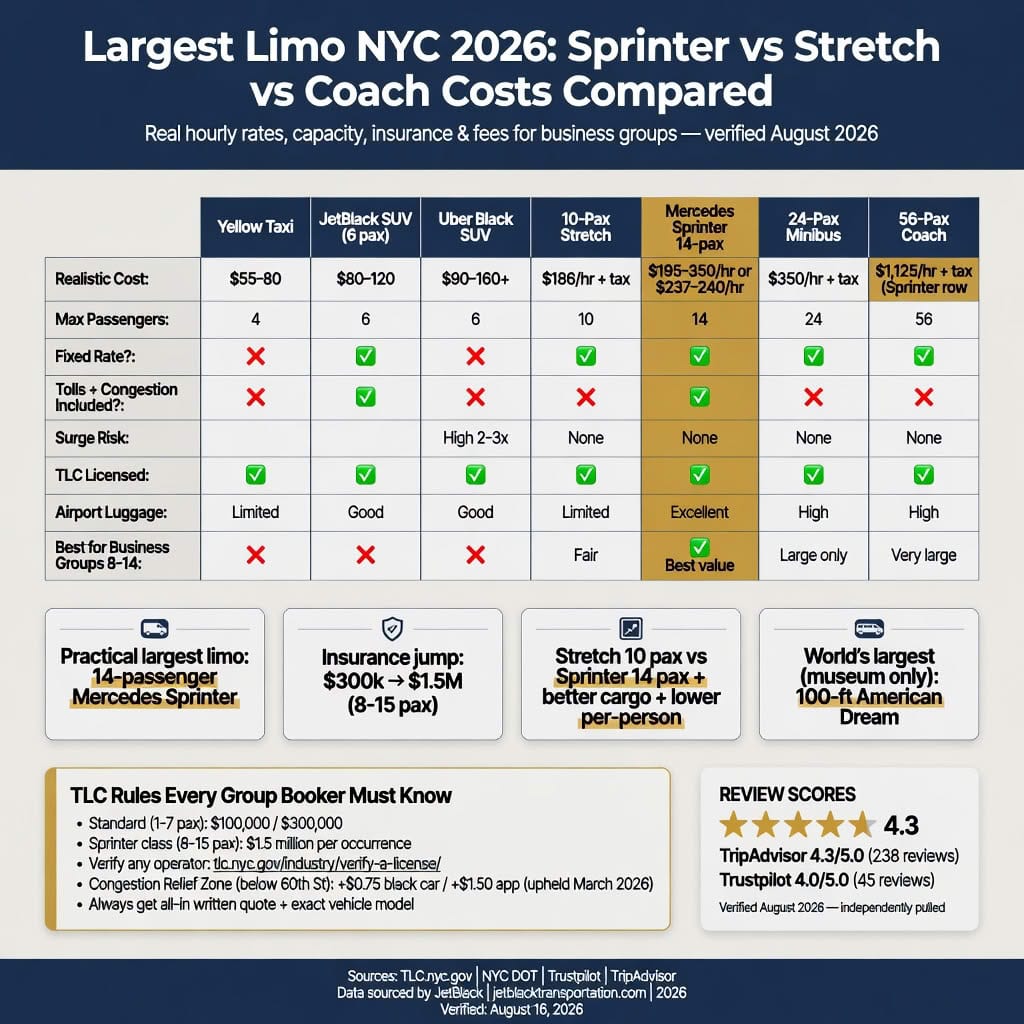 NYC For-Hire Vehicle Landscape comparing black cars, taxis, rideshares, and limos across licensing tier, insurance minimum, surge pricing, and fixed rate availability